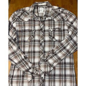 BKE Shirt Mens XXL Black Brown  Slim Fit Stretch Long Sleeve Western Snap  Plaid